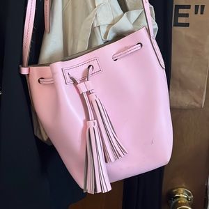 J Crew Pink Leather Bucket Crossbody Bag Tassels